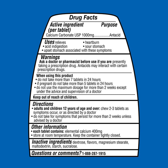 Equate Ultra Strength Heartburn Antacid Chewable Peppermint Tablets, over the Counter, 1000 Mg, 160 Count