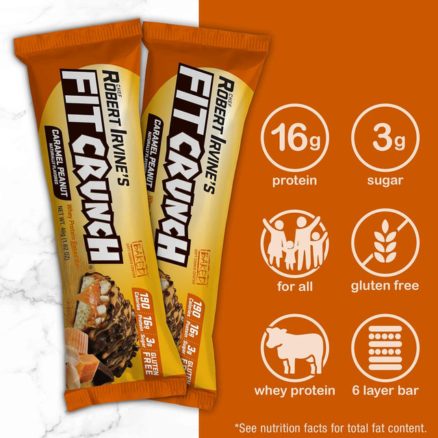 FITCRUNCH Snack Size Protein Bars, Designed by Robert Irvine, 6-Layer Baked Bar, 3G of Sugar & Soft Cake Core (18 Bars, Caramel Peanut)
