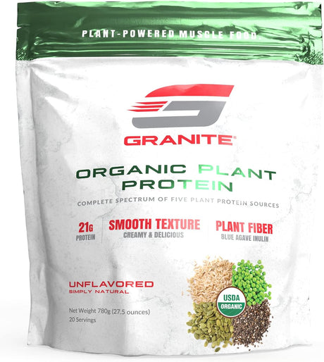 Granite® Organic Vegan Plant Protein (Unflavored) | 21G Complete Spectrum Protein to Build Lean Muscle | 5 Plant Sources: Pea, Pumpkin, Chia, Rice, Coconut Milk | No Gluten, Dairy or Soy | 1.8Lb