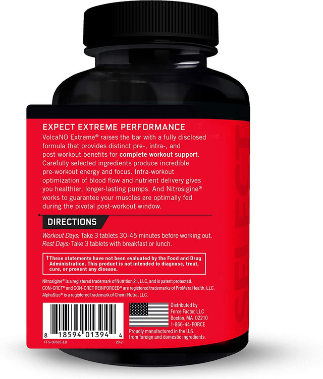 Force Factor Volcano Extreme Pre Workout Nitric Oxide Booster Supplement for Men with Creatine, L-Citrulline,And Huperzine a for Better Muscle Pumps, Strength, Focus, Workout Performance, 90 Tablets