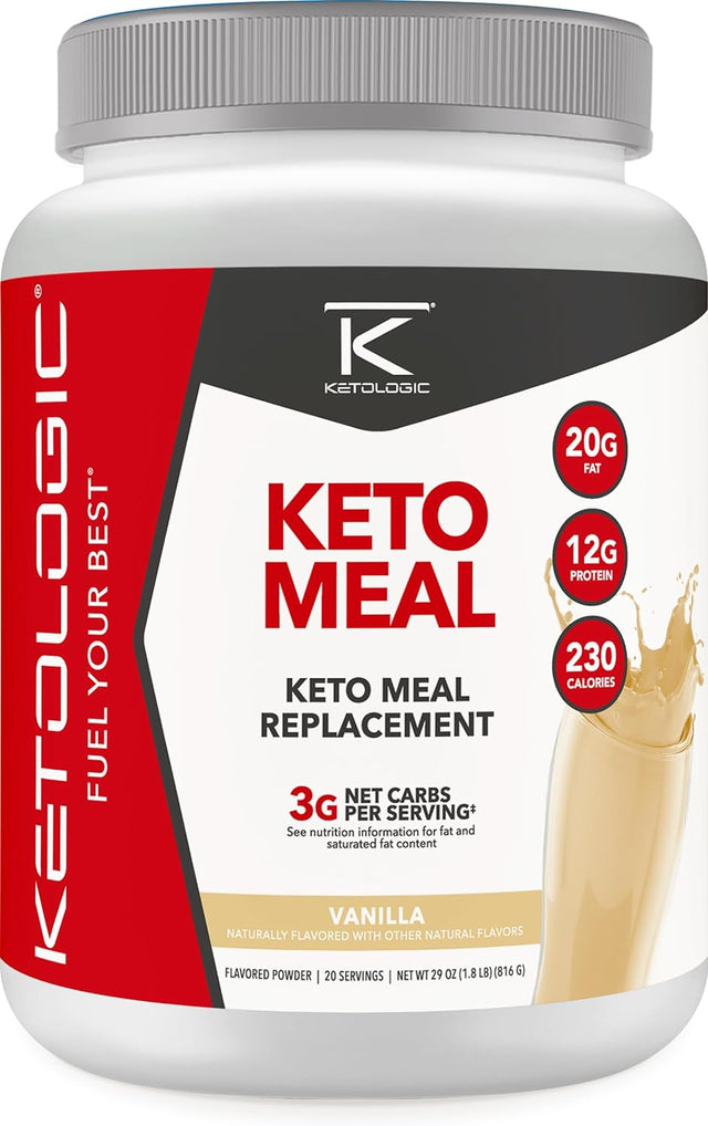 Ketologic Keto Meal Replacement Shake Powder for Optimal Results + MCT Oil + Grass-Fed Whey - Perfectly Formulated Macros for Ketosis - 20 Servings - Vanilla