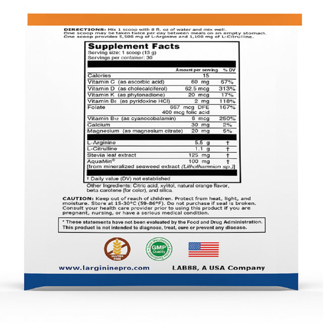 L-Arginine Pro Powder - 5500Mg L-Arginine, 1100Mg L-Citrulline Cardio Health (Raspberry / Citrus Orange, 2 Bags (60 Packets)