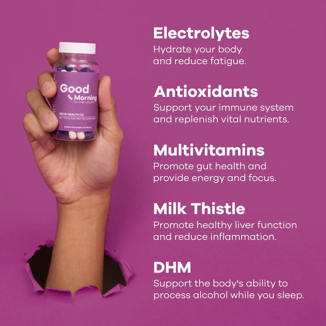 Good Morning - Hangover Relief Pills - Electrolytes, Milk Thistle + DHM [60 Count] - Multivitamin Supplement by Good Health Co