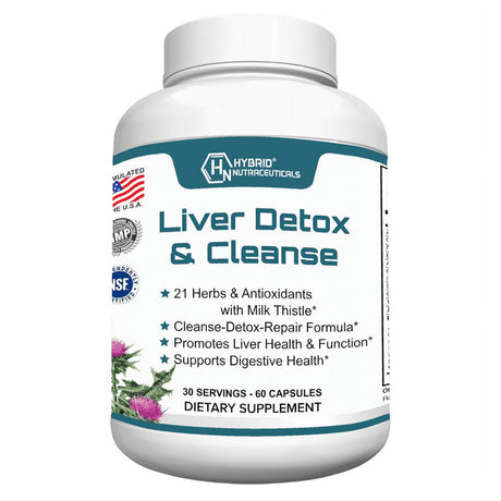 Hybrid Nutraceuticals Liver Cleanse Detox & Repair - Silymarin Milk Thistle, Zinc, Beetroot, Artichoke Extract, Dandelion Root, Grape Seed, - 60 Capsules