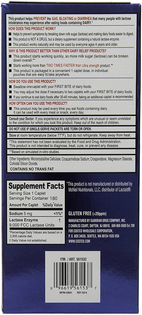 Kirkland Signature Fast Acting Lactase Natural Dairy Digestive Supplement, 180-Count Caplets