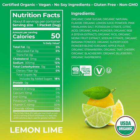 Orgain Organic Hydration Packets, Electrolytes Powder - Lemon Lime Hydro Boost with Superfoods, Gluten-Free, Soy Free, Vegan, Non GMO, Less Sugar than Sports Drinks, Travel Packets, 8 Count