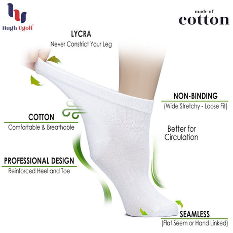 HUGH UGOLI Women'S Cotton Diabetic Ankle Socks, Wide, Thin, Loose Fit and Stretchy, Seamless Toe & Non Binding Top, 4 Pairs, Black, Shoe Size: 6-9