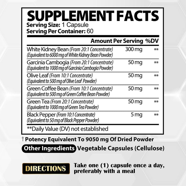 𝟲𝗶𝗻𝟭 White Kidney Bean Extract Pills- Equivalent to 𝟵𝟬𝟱𝟬𝗺𝗴 of 6 Herbs - Support Body Building, Starch, and Form Management for Women & Men - 2 Packs 60 Caps for 4 Months