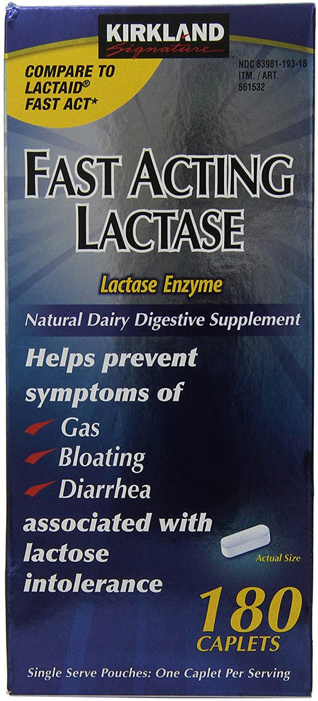 Kirkland Signature Fast Acting Lactase Natural Dairy Digestive Supplement, 180-Count Caplets