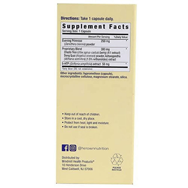 Her Own PMS, Supports PMS Symptoms, Promotes Positive Mood, Natural Hormone Balance, Helps Relieve Cramping, Hot Flashes Menopause Relief, Gluten and Soy Free, Vegan, 30 Capsules, 30 Servings