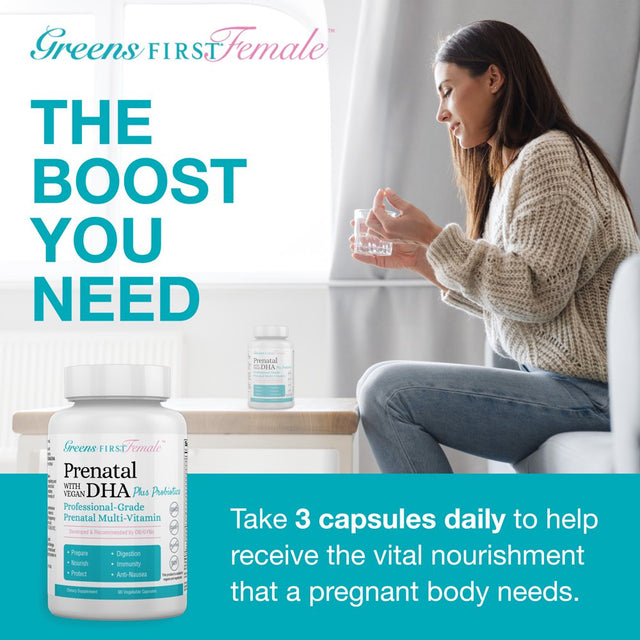 Greens First Female Prenatal Vitamin with Vegan DHA - Pregnancy Multivitamin Supplement - Supports Healthy Fetal Development - Natural Ingredients - with Ginger - 90 Capsules