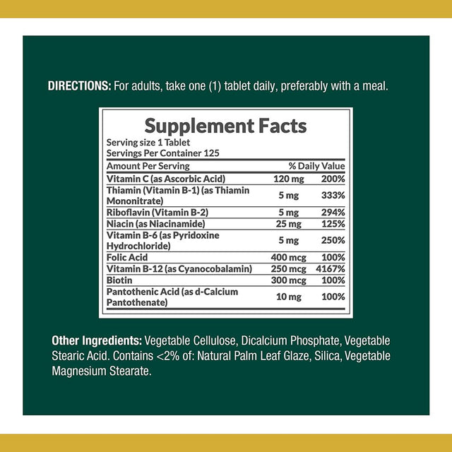 Vitamin B-Complex by Nature'S Bounty, Time Released Vitamin Supplement W/ Folic Acid plus Vitamin C, Supports Energy Metabolism and Nervous System Health, 125 Tablets (Pack of 3)