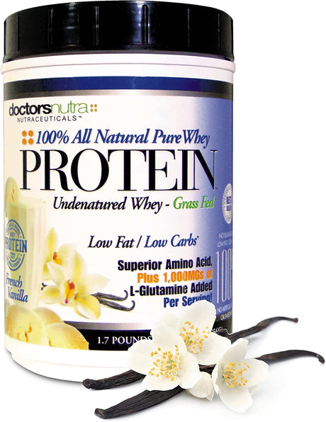 100% Pure Undenatured Grass Fed Whey Protein Low Carb Low Fat - Rich Vanilla Flavor No Artificial Sweeteners or Flavors Ultrafiltered with 1000 Mg Added L-Glutamine