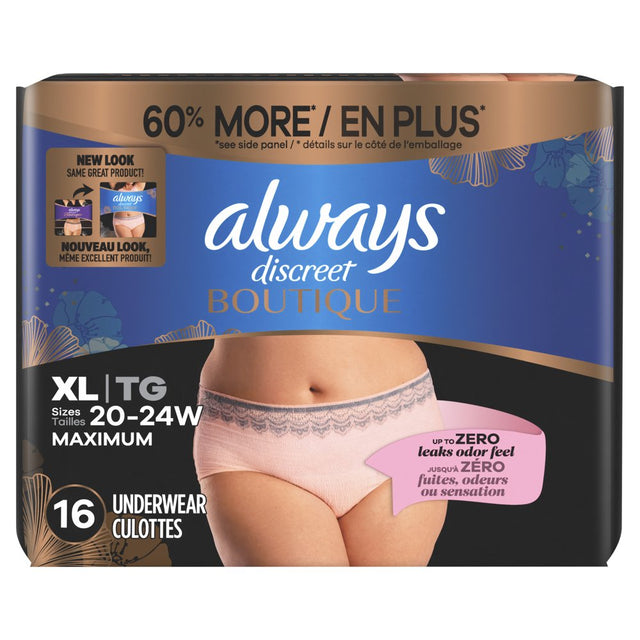 Always Discreet Boutique Incontinence Underwear, Maximum Protection, Size XL, Rosy, 16 Ct
