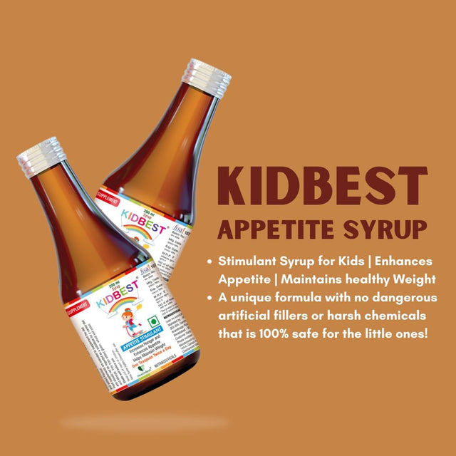 Kidbest Appetite Stimulant Syrup for 3-13 Yrs Kids | Increase Hunger | Helps Maintain Weight | Gluten Free | L-Lysine Hci,Vitamins B1,B2,B6,B12 | 200 Ml