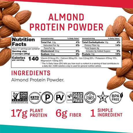 Almond Protein Powder, 21 Ounce, Made with California Almonds, 17G Plant Based Protein, Keto, Paleo Friendly, Vegan, Gluten Free, 17 Servings