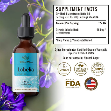 HERBAMAMA Lobelia Liquid Extract - Organic Herb Tincture for Lung Health, 2 Fl Oz