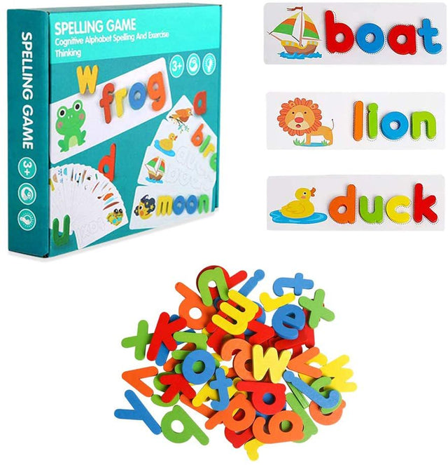 Gara See and Spell Pre-Learning Kids Toys, Sight Words Reading Montessori Game and Flash Cards Matching Puzzles, 28 Double-Sided Flash Cards & 52 Alphabet Wooden Blocks for 3-7-Year-Old