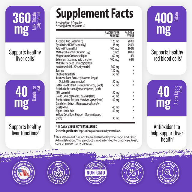 1 Body Liver Cleanse & Support Supplement Milk Thistle Extract 60 Vegan Capsules