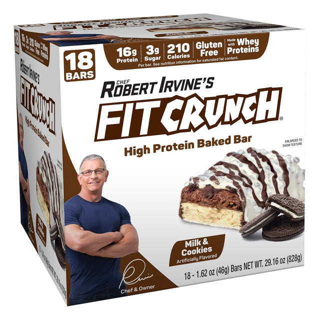 FITCRUNCH Snack Size Protein Bars, Designed by Robert Irvine, World’S Only 6-Layer Baked Bar, 3G of Sugar & Soft Cake Core (18 Bars, Milk and Cookies)