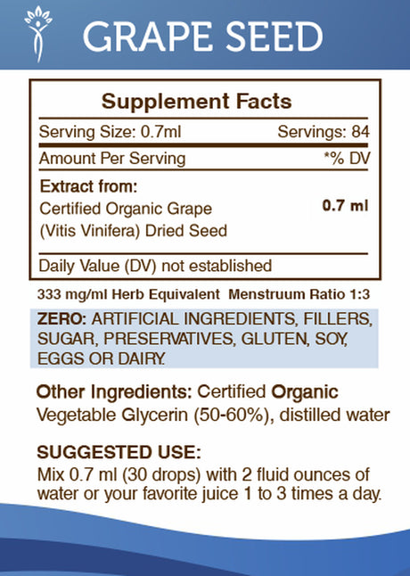 Grape Seed Tincture Alcohol-Free Extract, Organic Vitis Vinifera Cardiovascular System Health 2 Oz