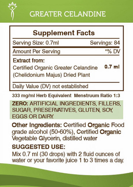 Greater Celandine Tincture Alcohol Extract, Organic Celandine Bai Qu Cai, Chelidonium Majus Liver and Kidney Health 2 Oz