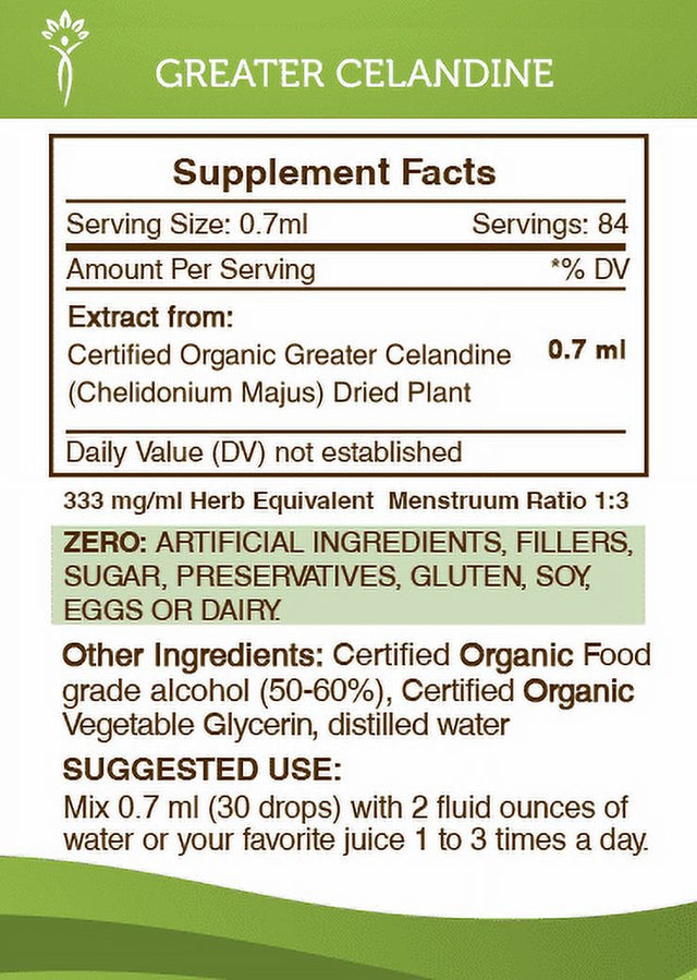 Greater Celandine Tincture Alcohol Extract, Organic Celandine Bai Qu Cai, Chelidonium Majus Liver and Kidney Health 2 Oz