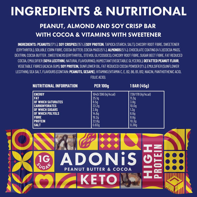 Adonis Peanut Butter & Chocolate High Protein Keto Bars (16 X 45G Bars) | Vegan & Keto-Friendly | 100% Natural Keto Snacks | Sugar Free, Palm Oil Free, Dairy Free | Low Sugar, Low Calorie & Low Carb