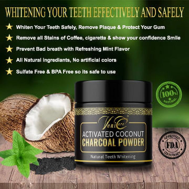 Venicare Natural Teeth Whitening Powder Organic Coconut Activated Charcoal 59 ML
