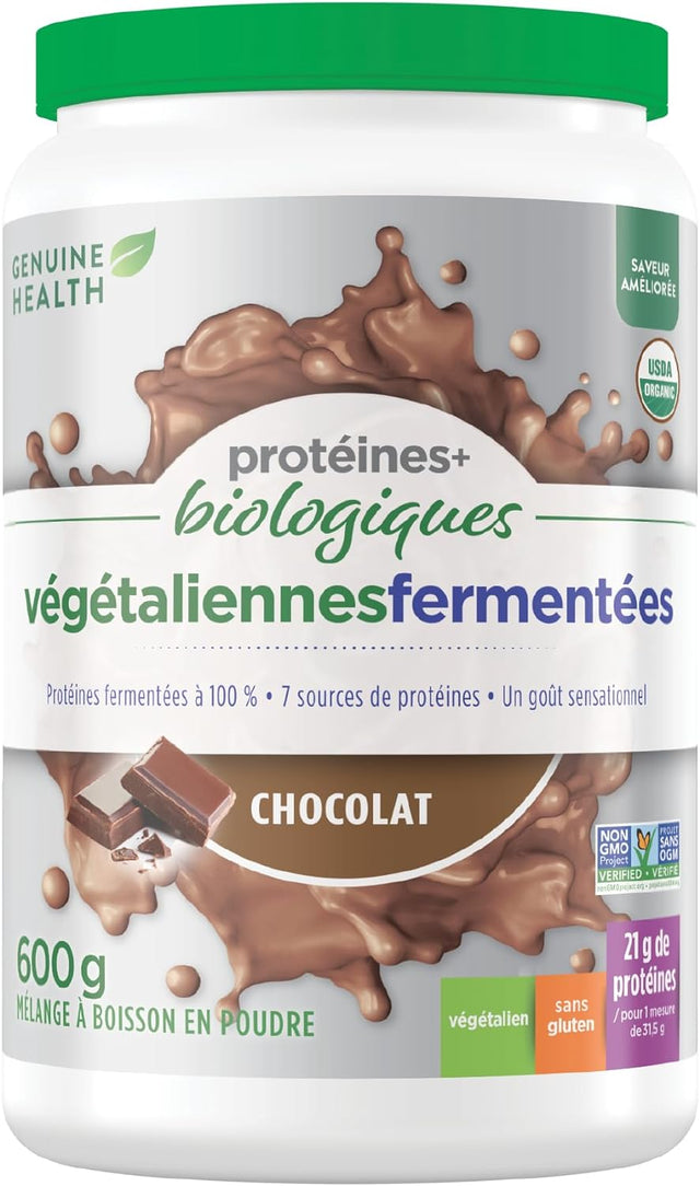 Genuine Health Fermented Organic Vegan Proteins+, Natural Chocolate Protein Powder, 20G Protein, 21.16 Oz Tub, 20 Servings