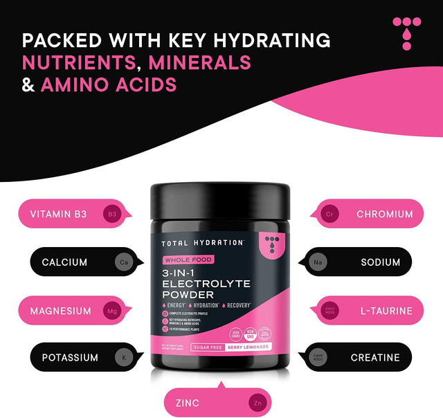 3-In-1 Electrolyte Powder - Sugar Free Low Carb Electrolyte Powder - Keto Electrolytes Hydration Powder - Whole Food Electrolytes Powder Drink Mix in Berry Lemonade, 363G [30 Servings]