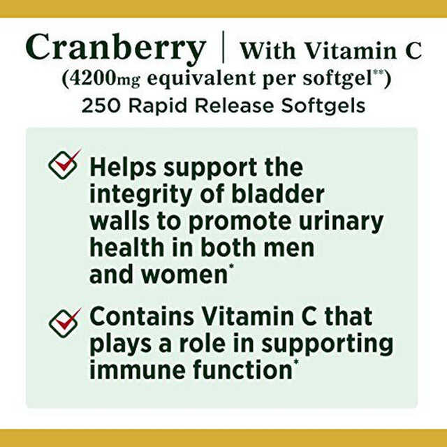 Cranberry Pills W/ Vitamin C by Nature'S Bounty, Supports Urinary & Immune Health, 4200Mg Cranberry Supplement, 250 Softgels