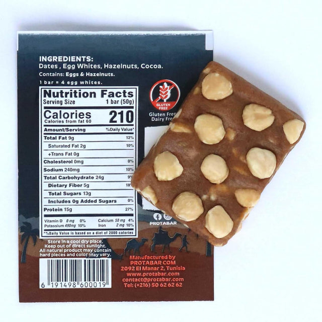 All Natural Energy Protein Bar PROTABAR (12 Pack) - 15G Egg White Protein per Bar | Dates Egg Whites Hazelnuts Cocoa | Gluten Free | Healthy Snack
