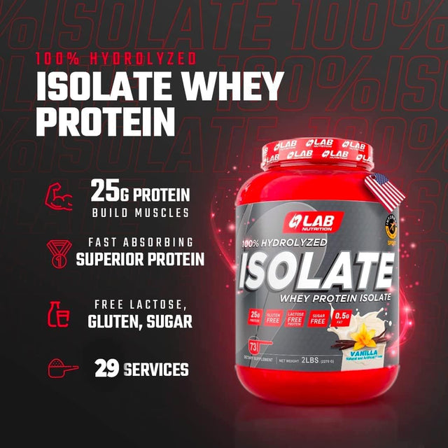 Lab Nutrition - Whey Protein Isolate 100% Hydrolyzed, 100% Whey Protein Powder, Lean Muscle Building Powder Presentation, Gluten and Sugar Free, 29 Servings, 2 Lbs - Vainilla Flavored