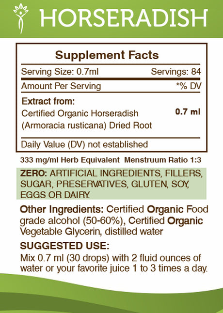Horseradish Tincture Alcohol Extract, Organic Horseradish (Armoracia Rusticana) Dried Root 2 Oz