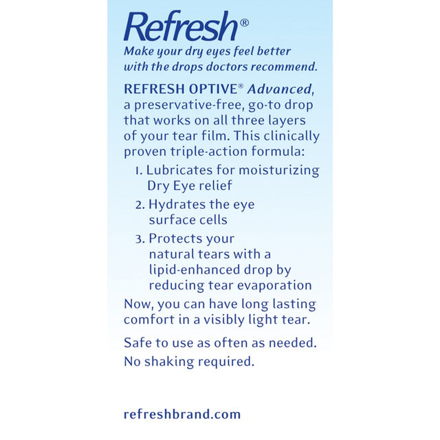 Refresh Optive Advanced Lubricant Eye Drops Preservative-Free Tears, 0.4 Ml, 30 Count