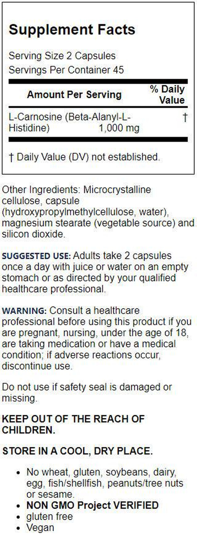 Jarrow Formulas, Inc. Vegan L-Carnosine 1,000 Mg 90 Veg Caps