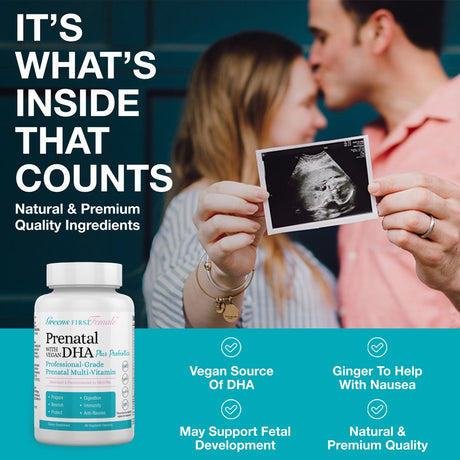 Greens First Female Prenatal Vitamin with Vegan DHA - Pregnancy Multivitamin Supplement - Supports Healthy Fetal Development - Natural Ingredients - with Ginger - 90 Capsules