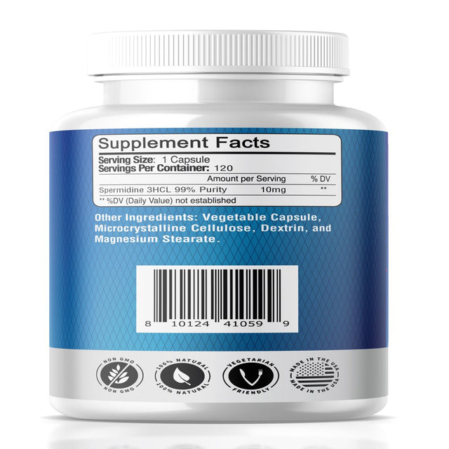 Just Potent High Purity (99%) Spermidine Supplement | 120 Capsules, 10Mg per Capsule, 4 Months of Supply | Cell Renewal Support and Anti-Aging