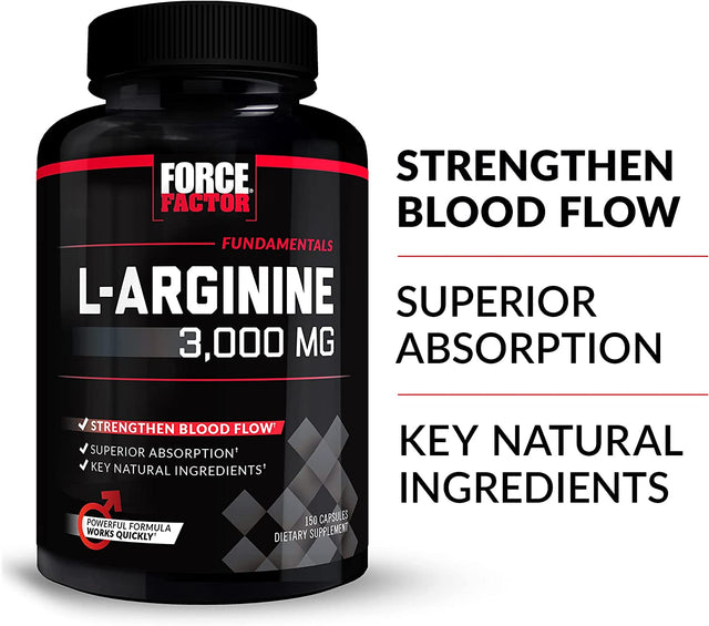 FORCE FACTOR L-Arginine Nitric Oxide Supplement with Bioperine to Help Build Muscle and Support Stronger Blood Flow, Circulation, Nutrient Delivery, and Pumps, L-Arginine 3000Mg, 3G, 150 Capsules
