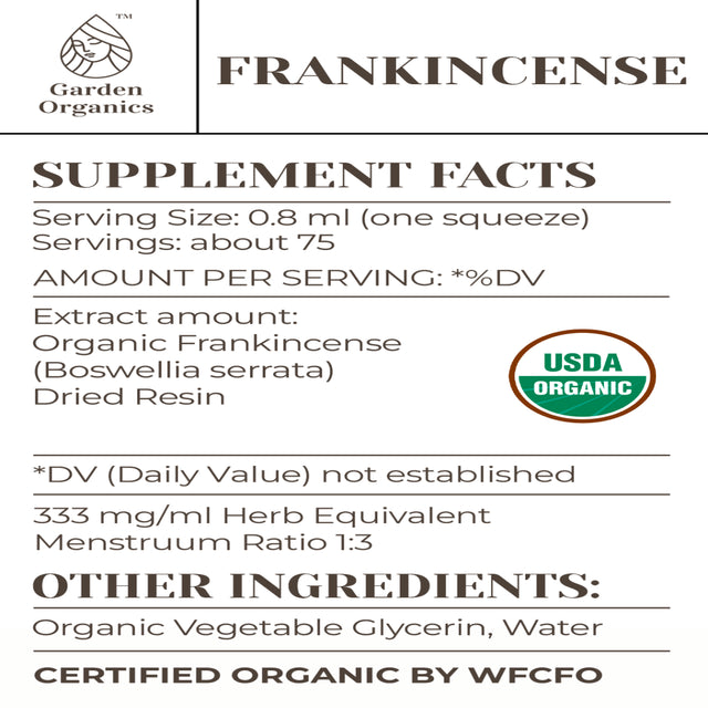 Garden Organics Frankincense Tincture Alcohol-Free Extract, Organic Frankincense (Boswellia Serrata) Dried Resin 2 Oz