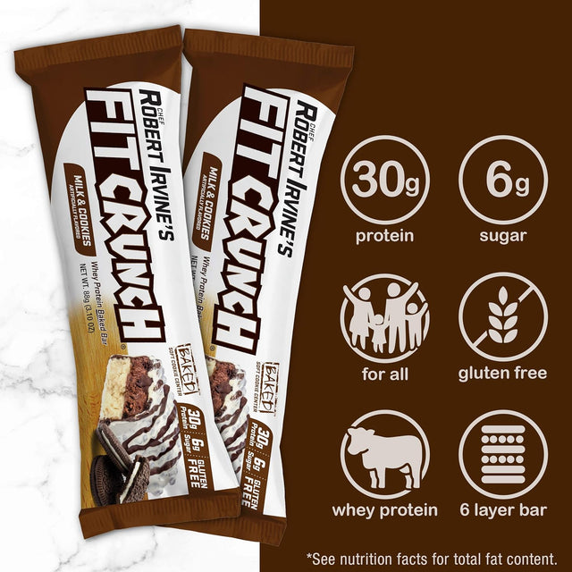 FITCRUNCH Full Size Protein Bars, Designed by Robert Irvine, 6-Layer Baked Bar, 8G of Sugar, Gluten Free & Soft Cake Core (12 Bars, Milk and Cookies)