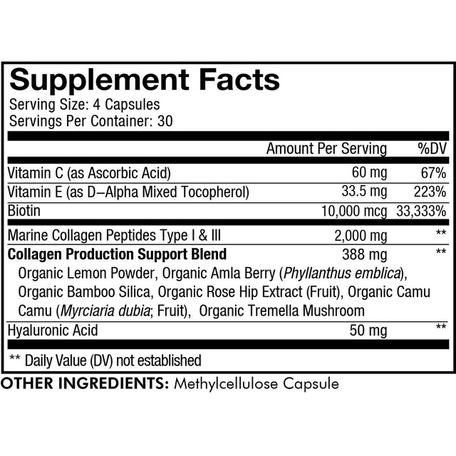 Codeage Biotin Marine Collagen Capsules, Wild-Caught Hydrolyzed Fish Collagen 1 & 3, Hyaluronic Acid, 120 Ct