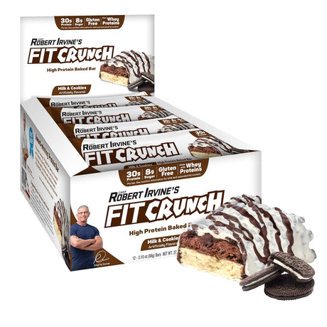 FITCRUNCH Full Size Protein Bars, Designed by Robert Irvine, 6-Layer Baked Bar, 8G of Sugar, Gluten Free & Soft Cake Core (12 Bars, Milk and Cookies)