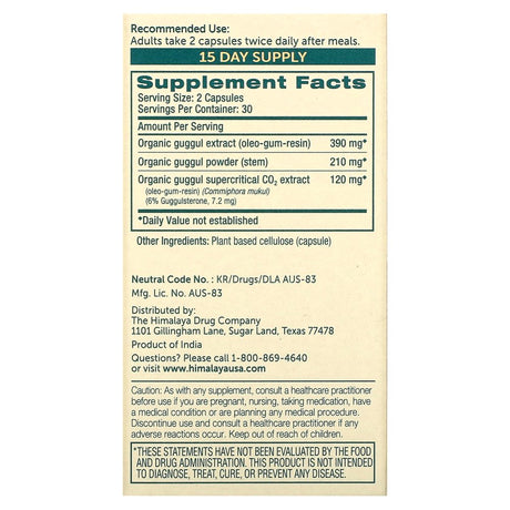 Himalaya Guggul, Cholesterol Supplement for Healthy LDL, HDL and Triglyceride Levels, 750 Mg, 60 Capsules