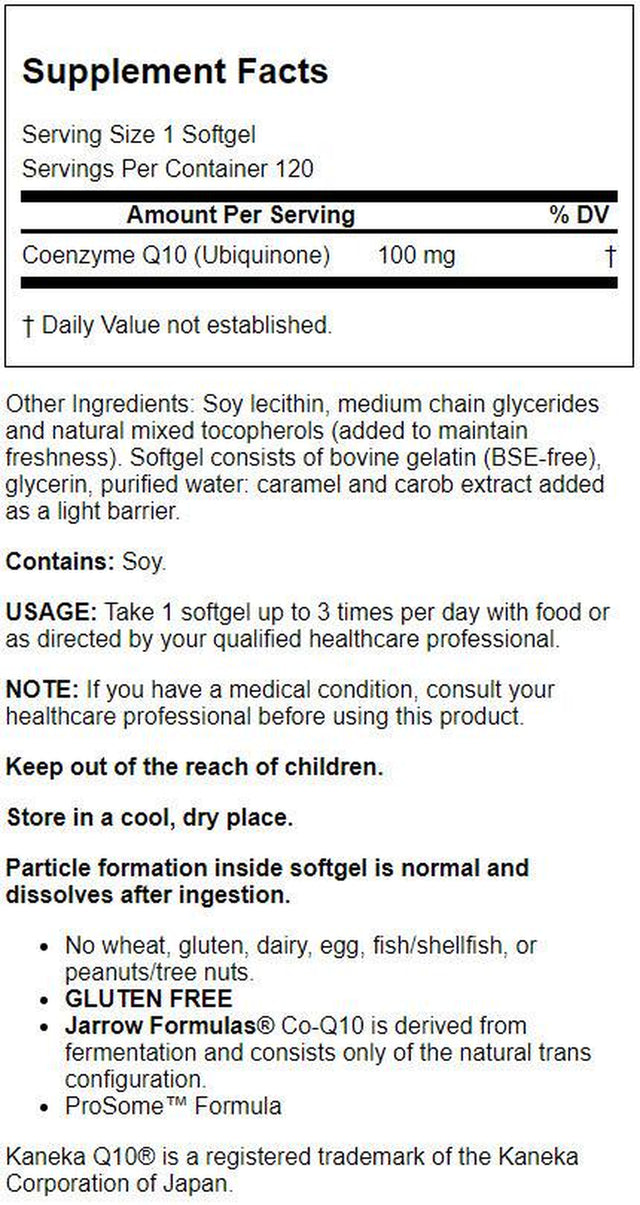 Jarrow Formulas, Inc. Ubiquinone Co-Q10 Q-Absorb 100 Mg 120 Sgels
