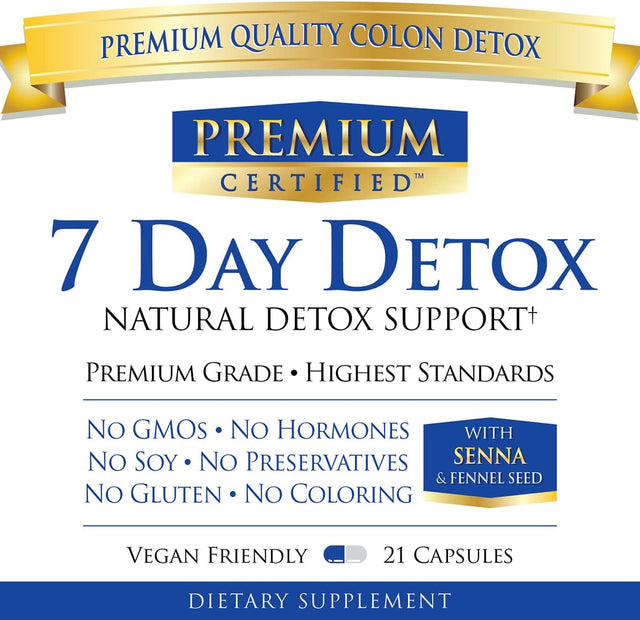 7 Day Detox - Cleanse the Digestive System Naturally, Flush Toxins - Fennel Seed 600Mg, Ginger Root 300Mg, Cascara Sagrada 300Mg - 21 Capsules - Vegan Friendly