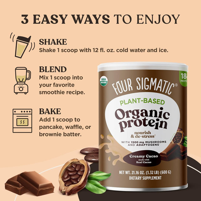Four Sigmatic Organic Plant-Based Protein Powder Creamy Cacao Protein with Lion’S Mane, Chaga, Cordyceps and More | Clean Vegan Protein Elevated for Brain Function and Immune Support | 21.16 Oz