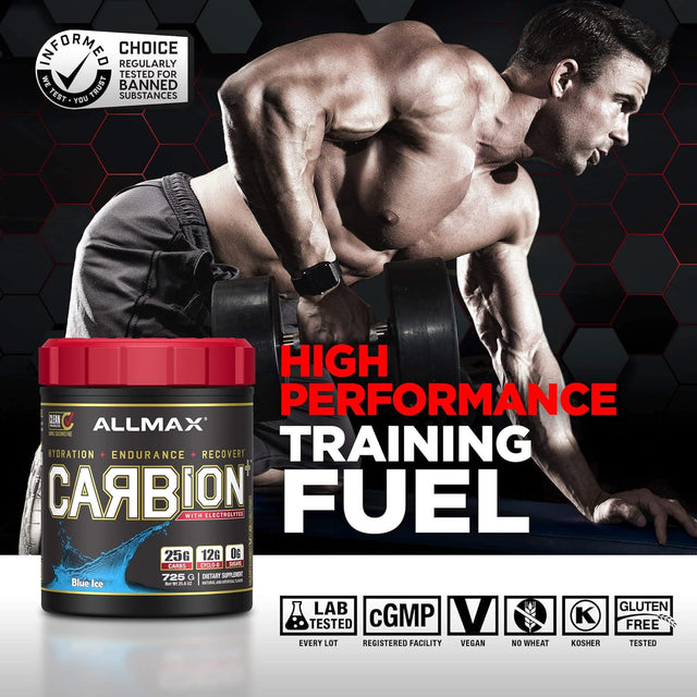 ALLMAX CARBION+, Blue Ice - 725 G - High-Performance Training Fuel - Boosts Hydration, Performance & Recovery - with 25 G Carbs & Zero Sugar - 25 Servings