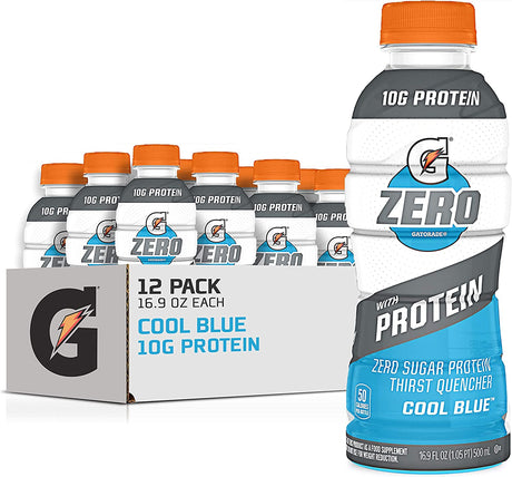 Gatorade Zero with Protein, 10G Whey Protein Isolate, Zero Sugar, Vegetarian, Liquid Electrolytes, Cool Blue, 16.9 Fl Oz Bottle, 12 Pack